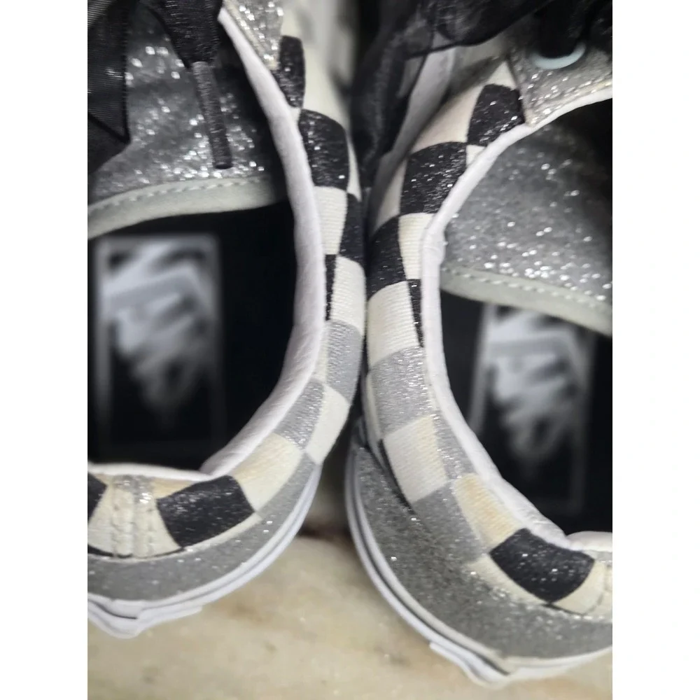 Vans Old Skool Checkerboard Silver Glitter Ribbon Lace Sneakers Womens 8 - Picture 5 of 8